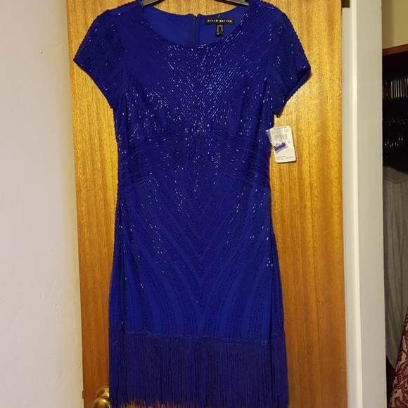 Aidan Mattox Beaded Blue Fringe Cocktail Dress - Picture 1 of 4
